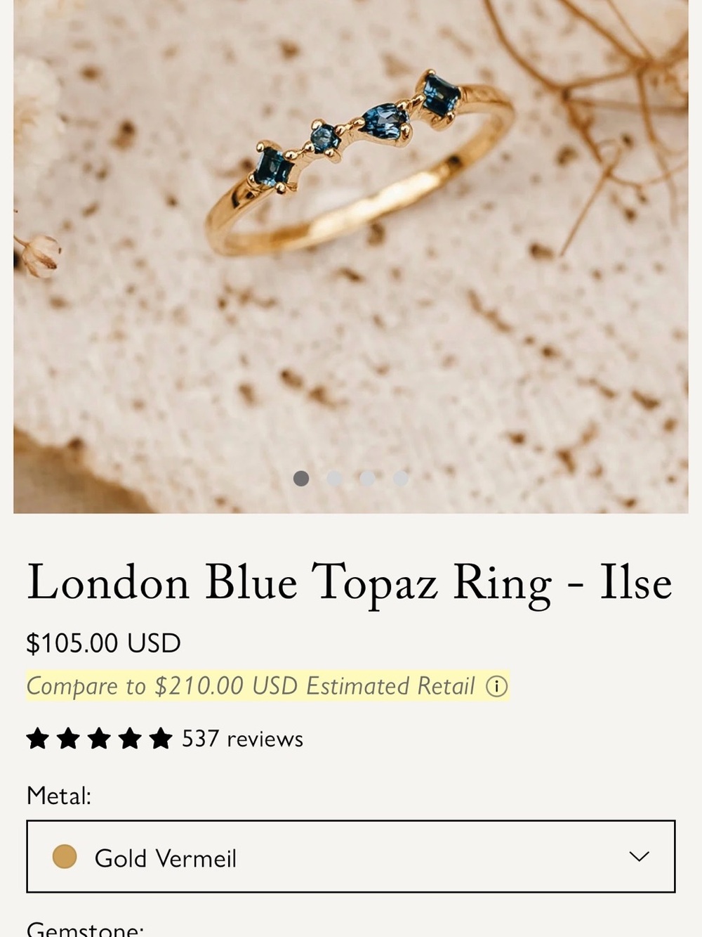 Linjer Blue Topaz Gold vermeil Ring size 6